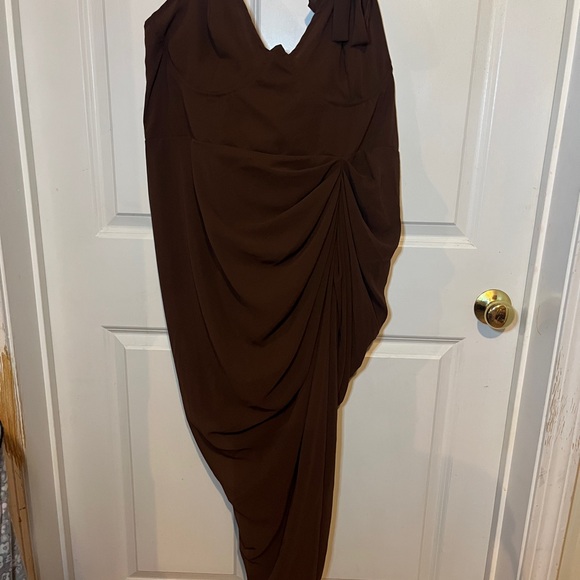 PrettyLittleThing One Shoulder Brown Dress - Picture 6 of 12